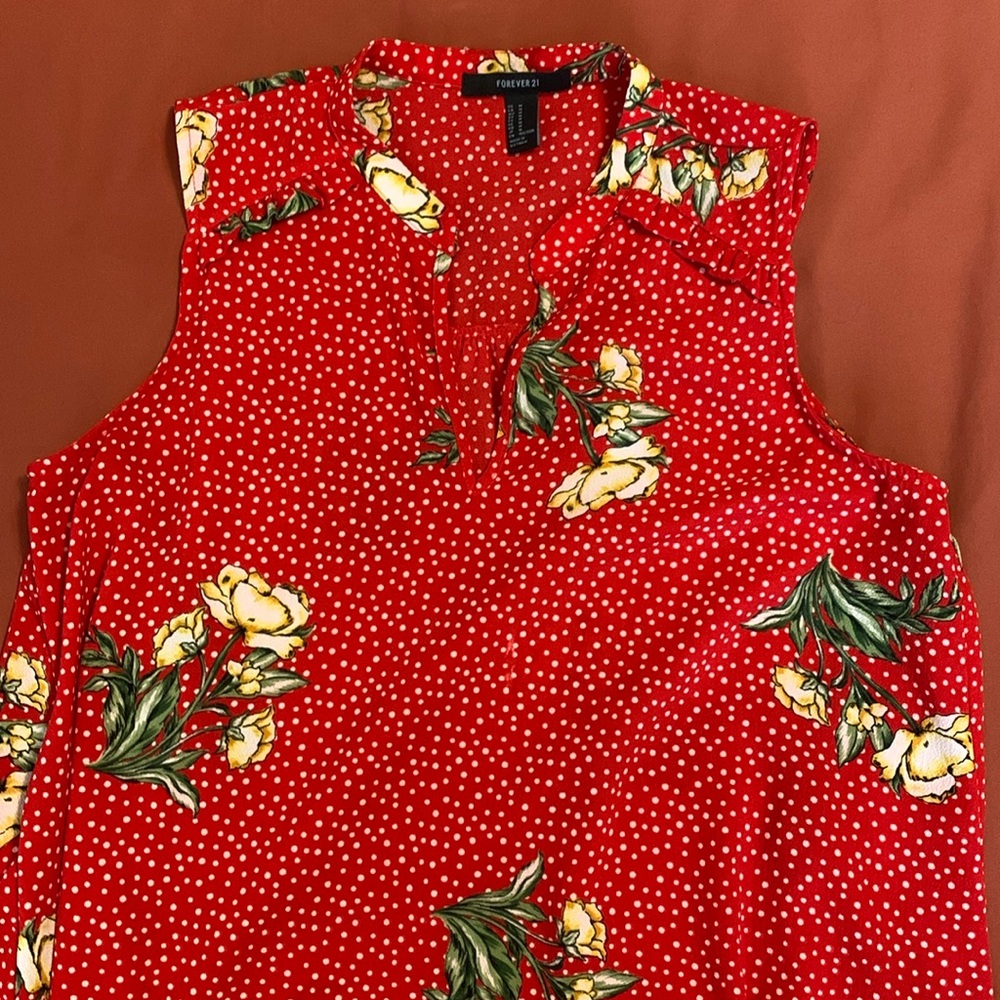 Used. Red with White Dots and Flower Prints Shirt. Size Medium. Forever21.